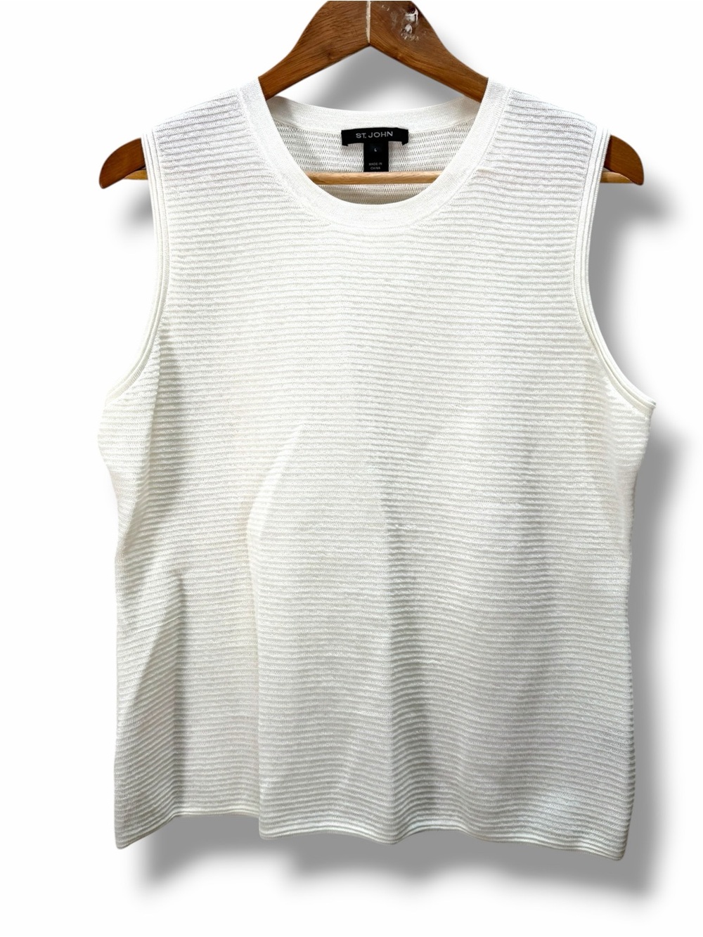 Women’s St. John Sleeveless White Textured Knit Cotton Top Size Large